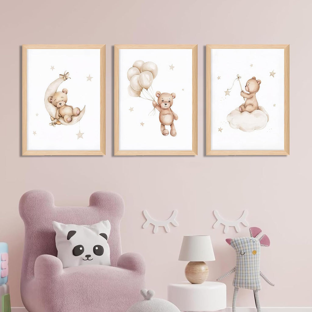 Framed Teddy Bear Wall Art Nursery Decor Set of 3, Bear Sleeping on The Moon and Stars Pictures Canvas, Neutral Bears