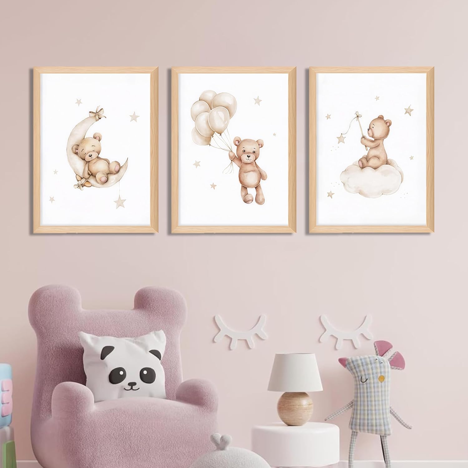 Framed Teddy Bear Wall Art Nursery Decor Set of 3, Bear Sleeping on The Moon and Stars Pictures Canvas, Neutral Bears