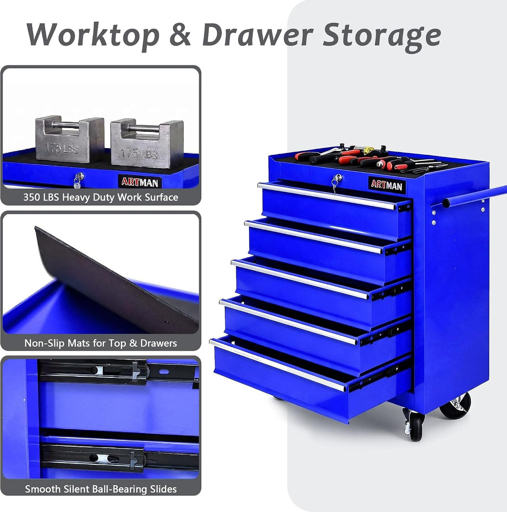 5 Drawer Tool Cart with Locking System, Heavy Duty Rolling Tool Chest Cabinet with 4 Wheels, Steel Garage Storage