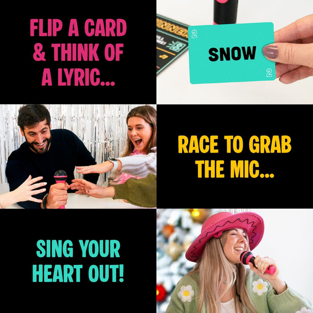 Official Grab The Mic – Family Karaoke Board Game w/Foam Mic, 8+ Ages, 2-10 Players - Games for Bad Singers w/ 230