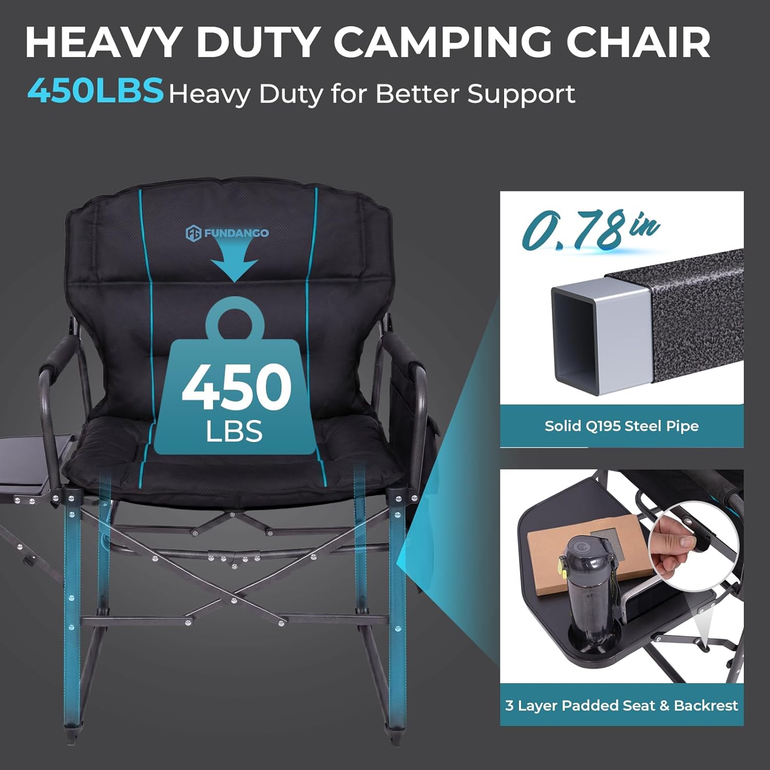 Oversized Folding Chairs for Outside, Fully Padded Camping Director Chair for Adults, Support 450lbs Portable lawn