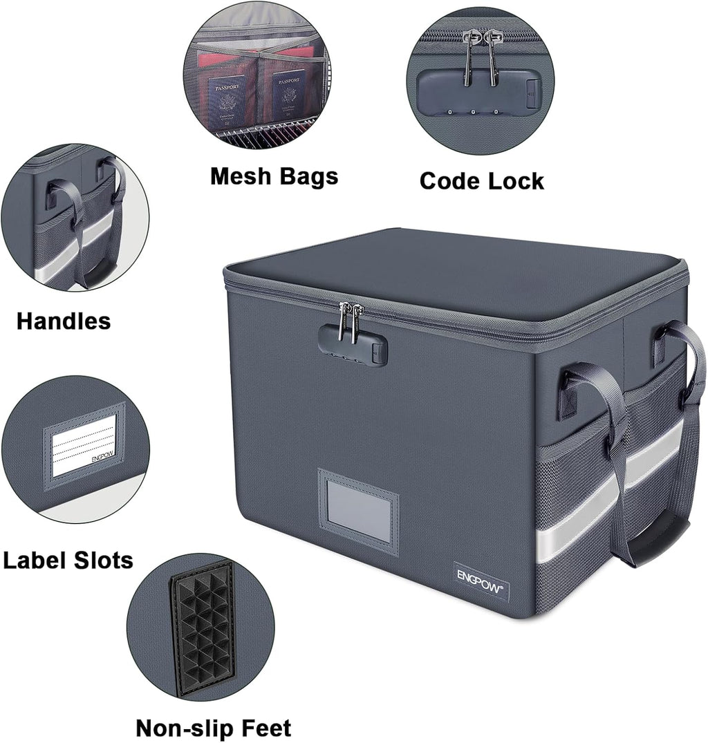 File Box with Lock, Fireproof Document Box with Zipper Lid, Collapsible File Organizer Storage Filing Cabinet with