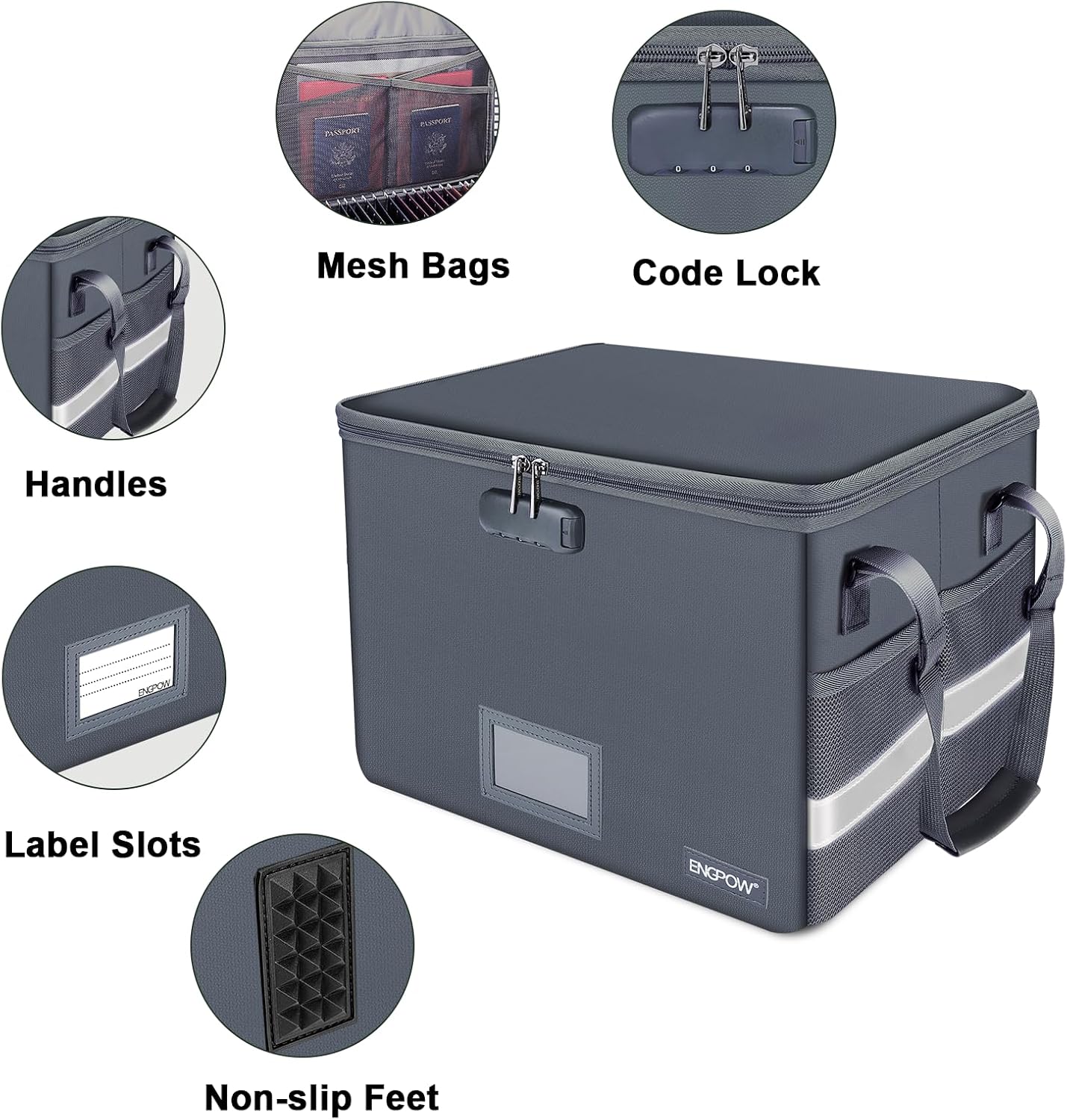 File Box with Lock, Fireproof Document Box with Zipper Lid, Collapsible File Organizer Storage Filing Cabinet with