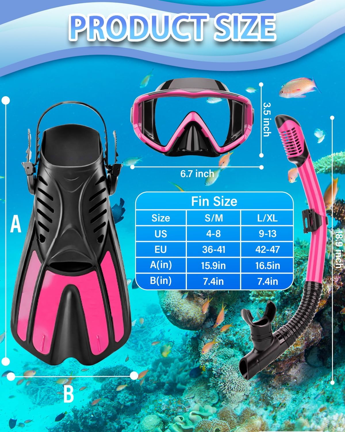 3 Window Snorkeling Gear for Kids Adults, 4 in 1 Snorkel Mask Fins Set with Snorkel Mask, Dry Top Snorkel, Adjustable
