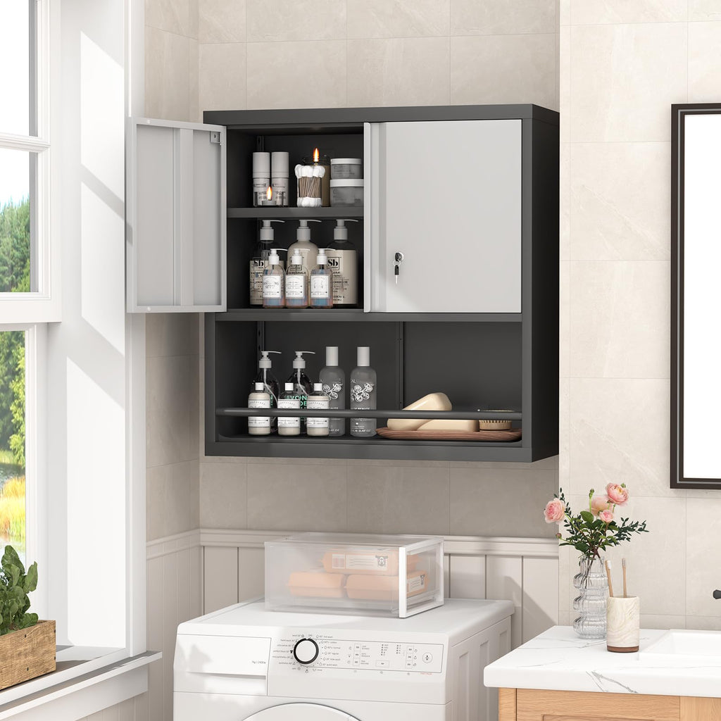 Locking Metal Wall Mounted Garage Storage Cabinet with Doors and Shelves