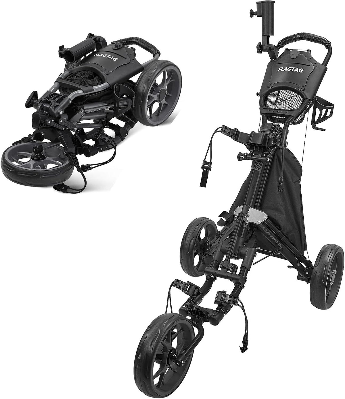 Golf Push Cart 3 Wheel,Foldable Golf Push Cart,Golf Bag Cart with Foot Brake,Umbrella Holder, Cup Holder, Storage