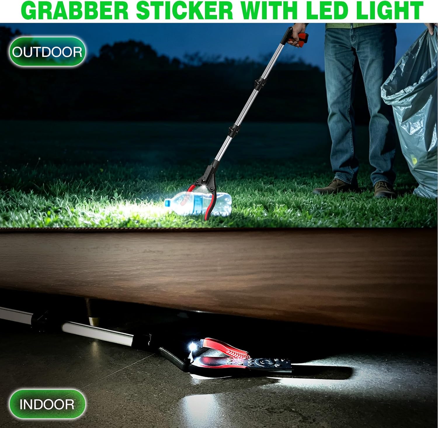 2-Pack Grabber Reacher Tool, 44" Extra Long Foldable Reacher Grabber Pickup Tool with Light, Heavy Duty Trash Picker