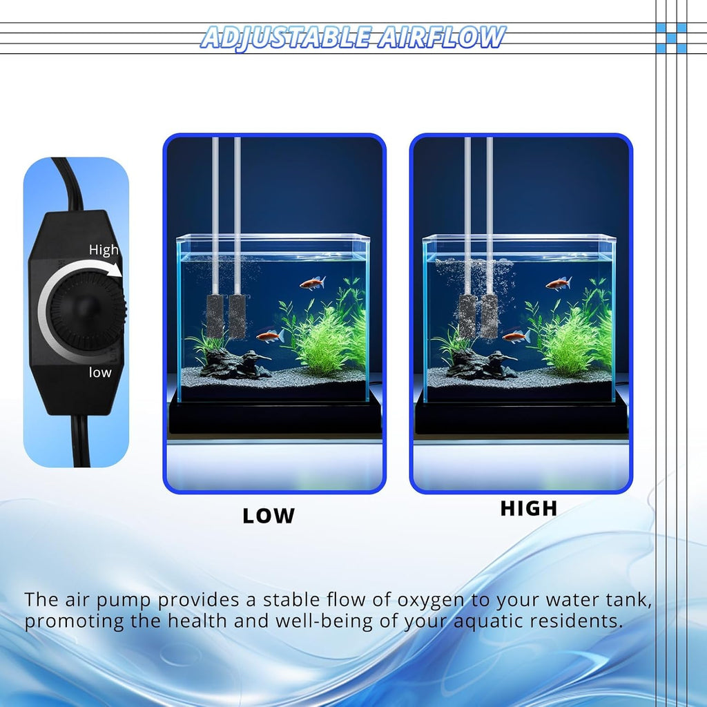 Aquarium Air Pump for Large Fish Tanks up to 300/600 Gallons Dual Outlet 5W/10W,190/260GPH Adjustable Aerator with