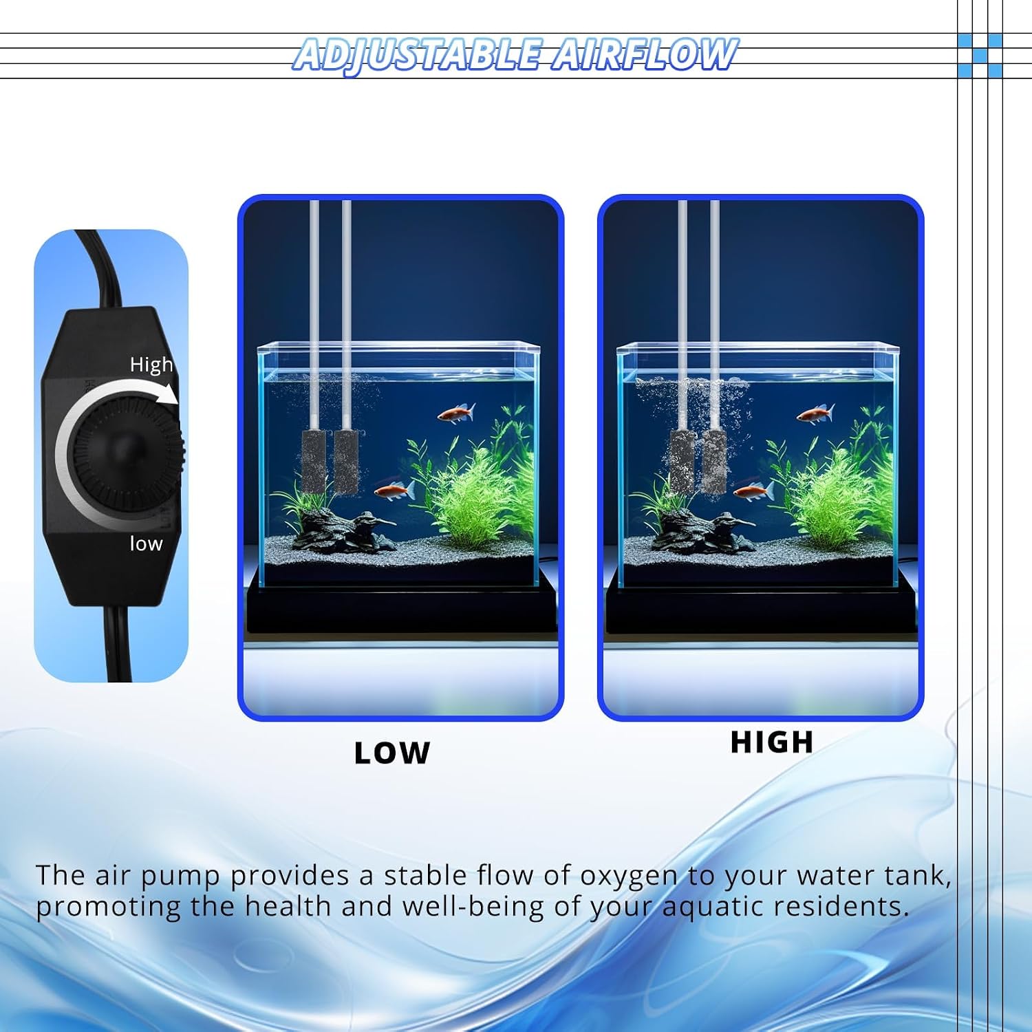 Aquarium Air Pump for Large Fish Tanks up to 300/600 Gallons Dual Outlet 5W/10W,190/260GPH Adjustable Aerator with