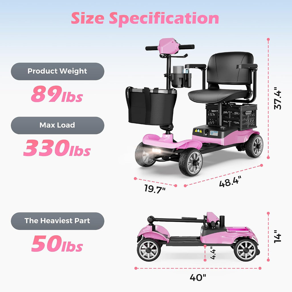 Mobility Scooter for Adults with Spare Battery – 24.8 Miles Total Range, 4-Wheel Foldable Portable Motorized Scooter