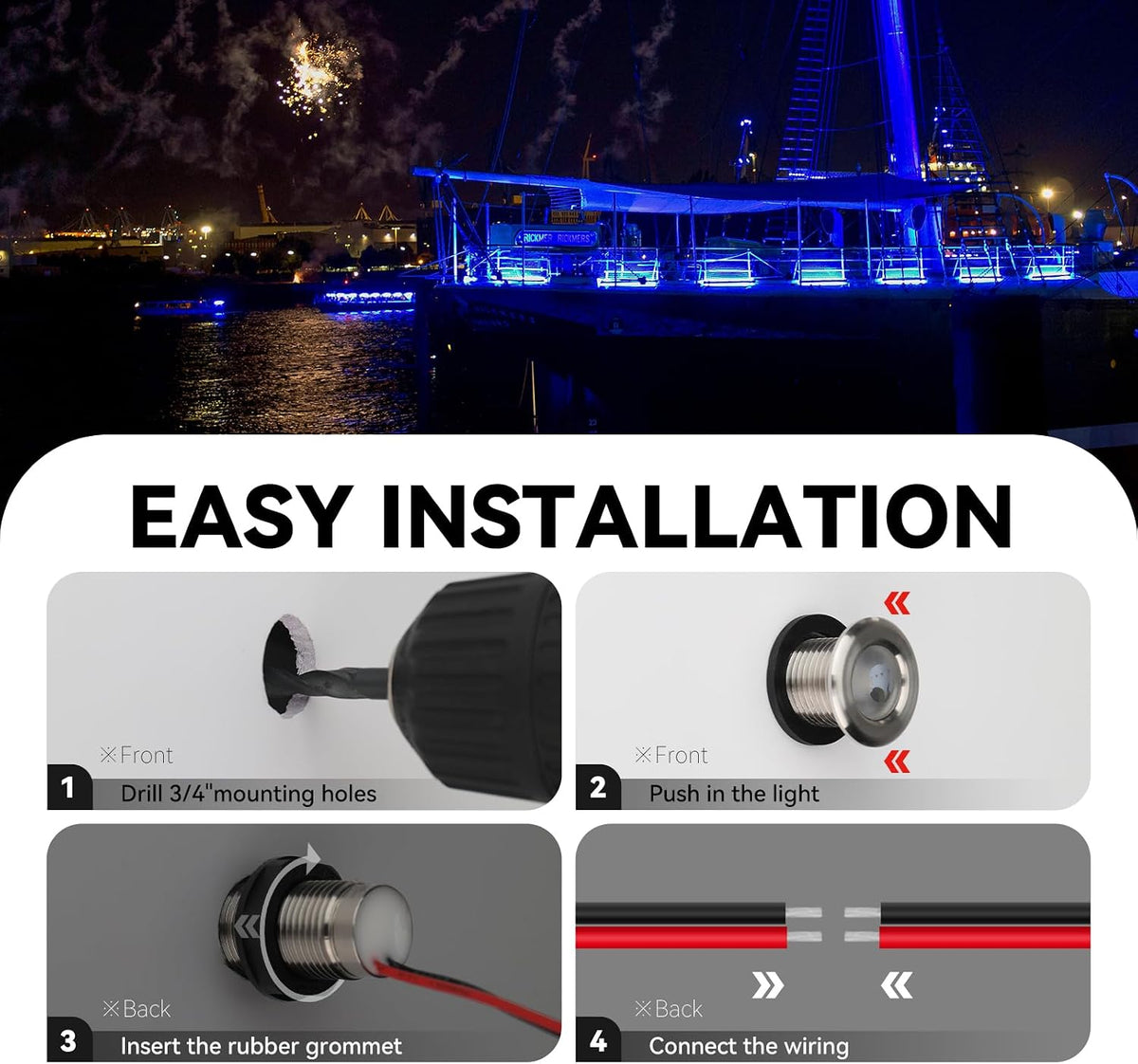 Marine LED Boat Interior Lights, 12V-24V, 4PCS Blue, IP68