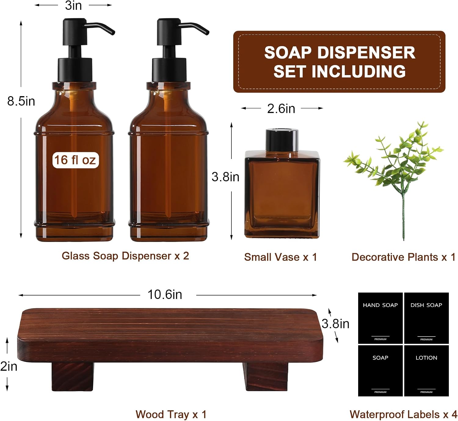 Modern Kitchen Soap Dispenser Set with Wood Tray, Amber Glass Soap Dispensers with Pump, Decorative Hand and Dish