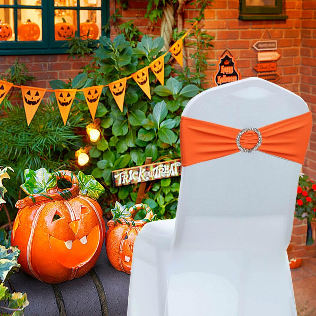 Chair Sashes Spandex Stretch Chair Bows with Buckle Slider for Wedding Party Decorations (Orange, 25PCS)