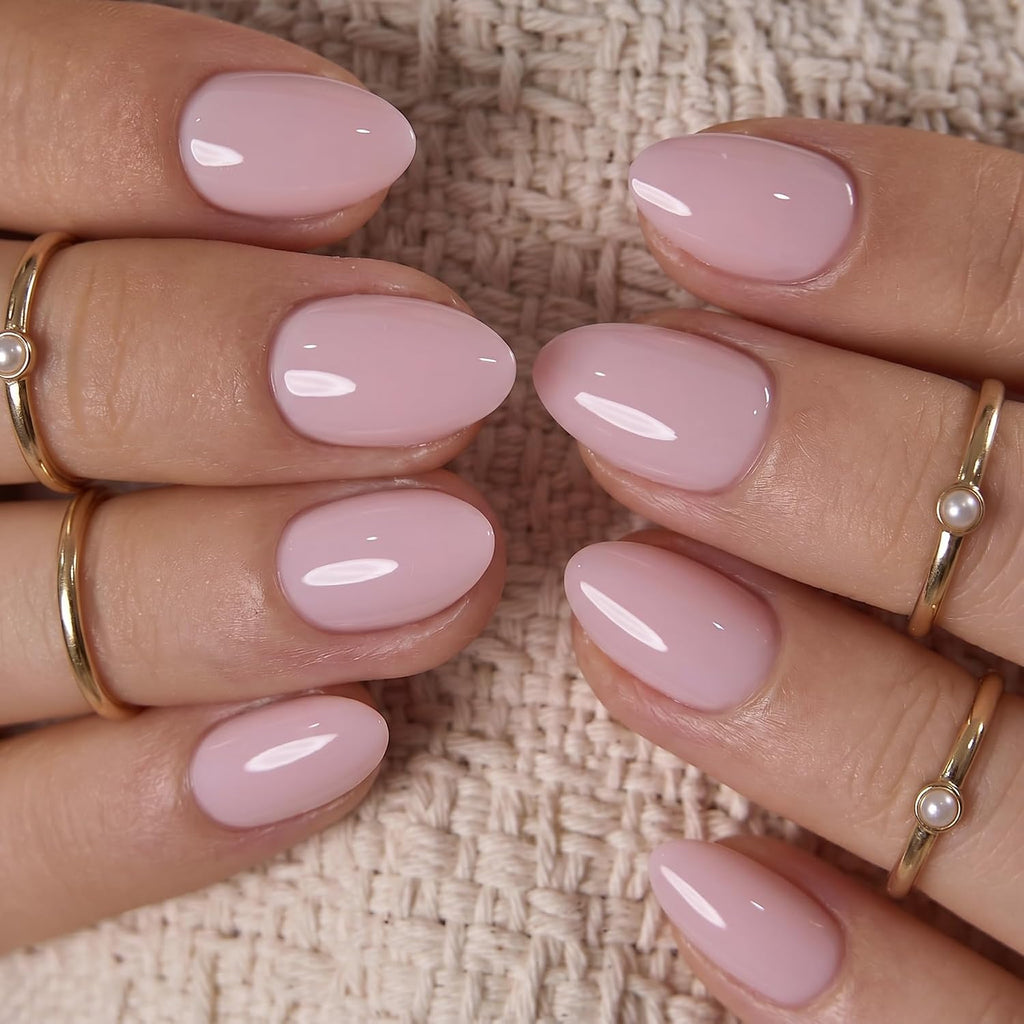 Extra Short Almond Press On Nails, Blush Veil Nude Pink, Soft Gel