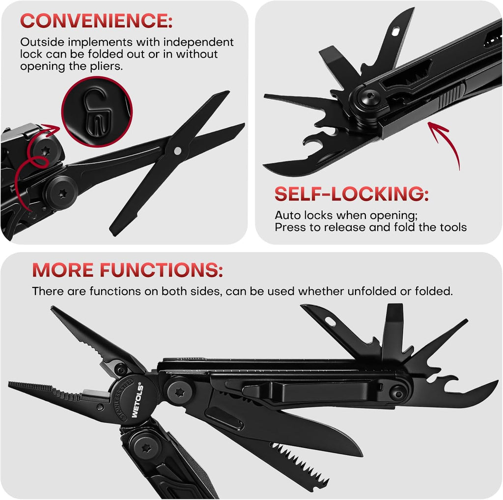 Multitool with Pocket Knife, Stainless Steel Needle Nose Pliers | 27-in-1 Multi Tool with Screwdrivers, Self-locking
