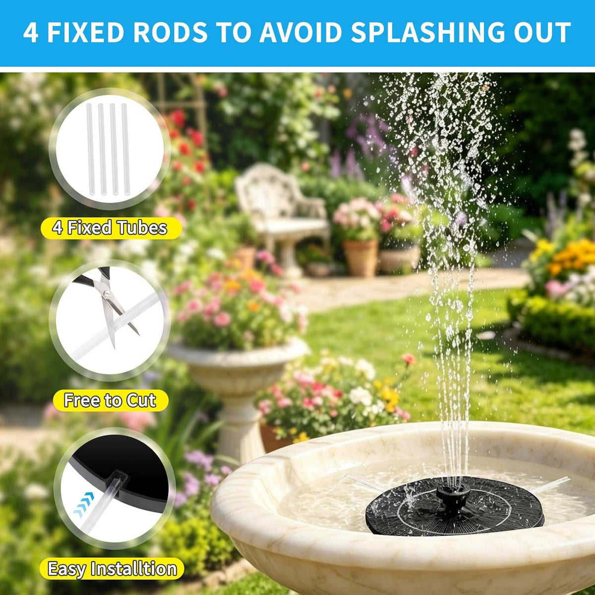 3.5W Solar Powered Water Fountain for Bird Bath Water Pump with 6 Nozzles