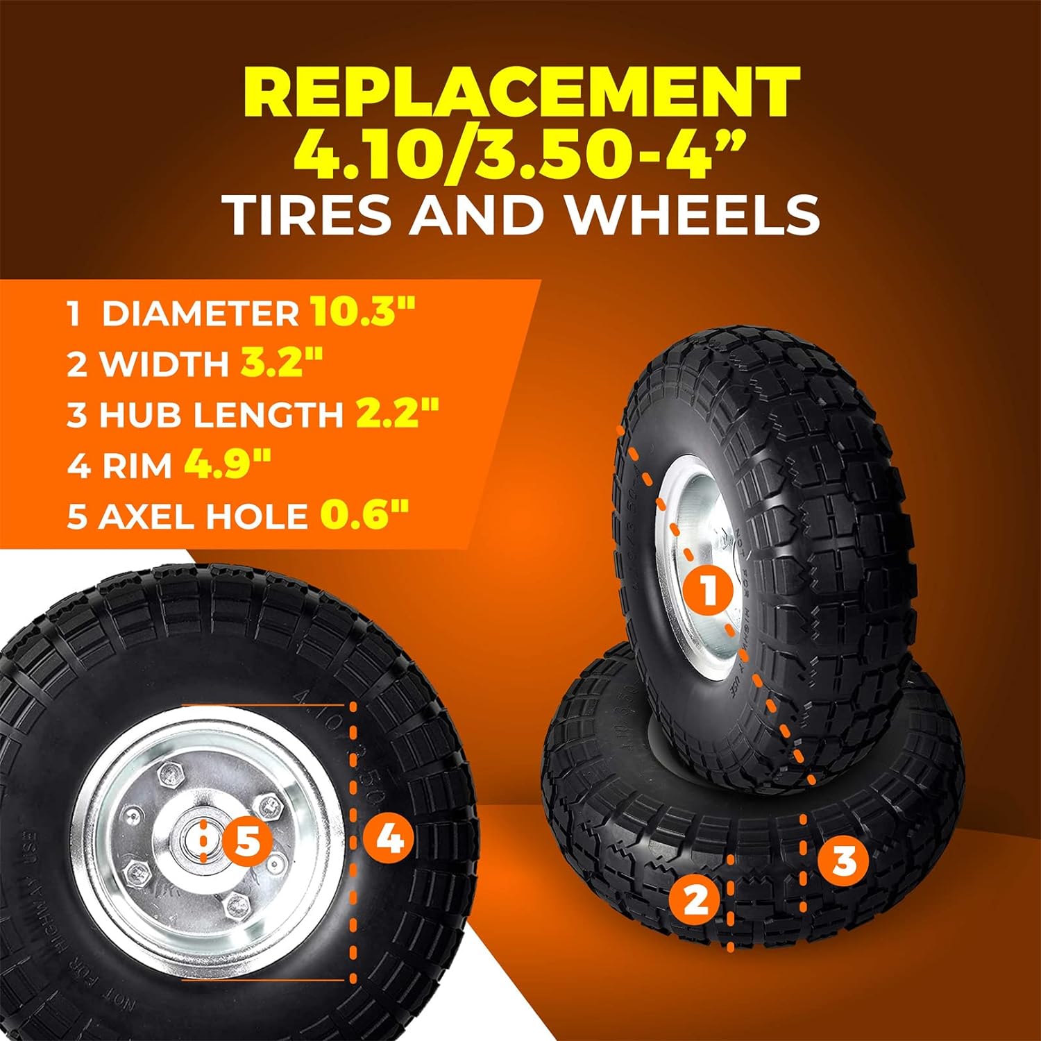 (2-Pack) 10-Inch Solid Rubber Tire Wheels - Replacement 4.10/3.50-4" Flat Free Tire with 5/8" Bearings, 2.2" Offset