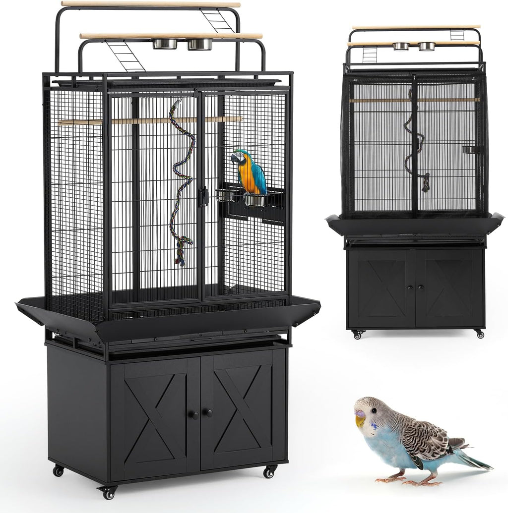 70" Large Bird Cage with Play Top, Metal Parrot Cage with Storage Cabinet | Tall Big Bird Flight Cage with Pull-Out