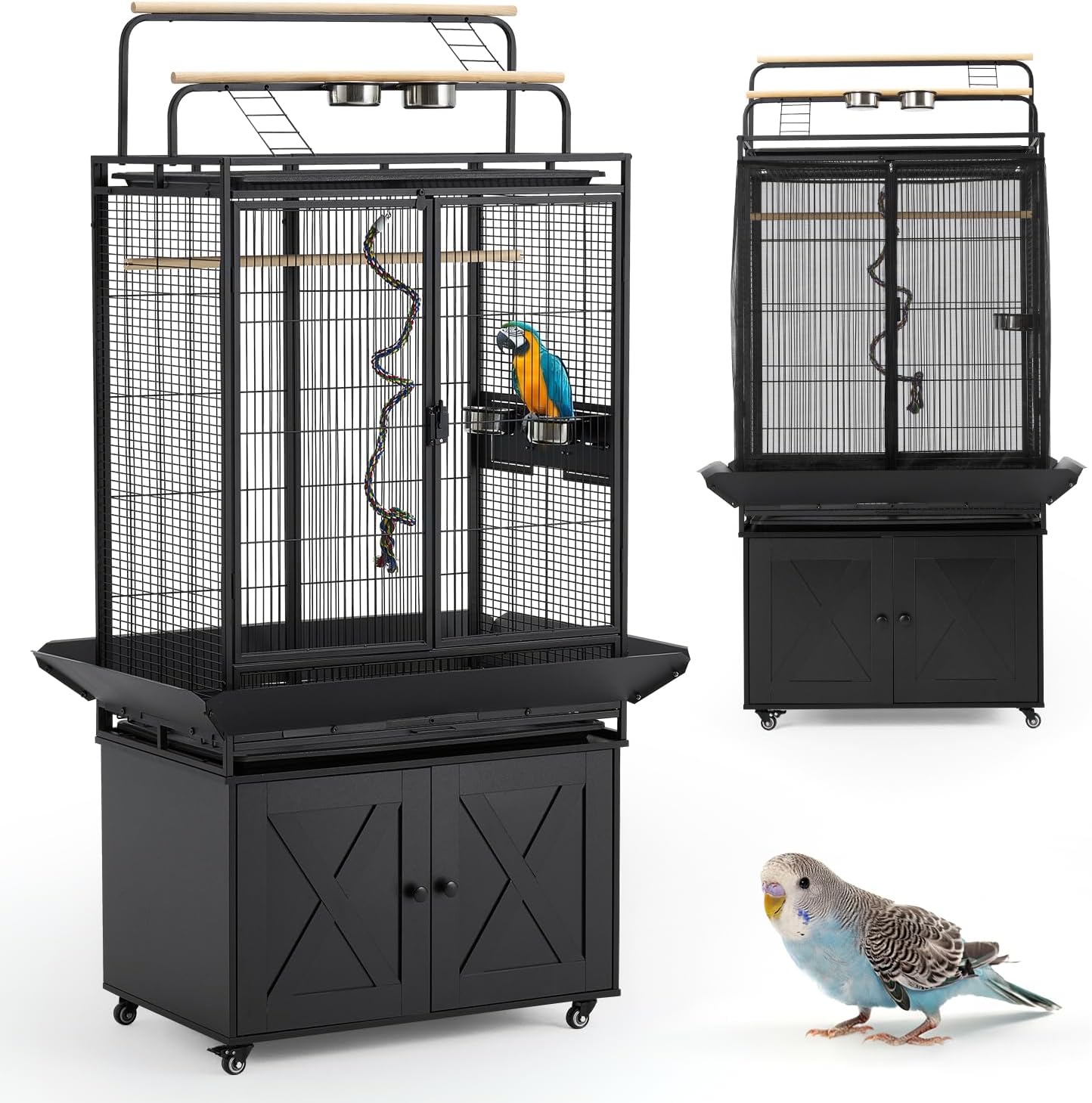70" Large Bird Cage with Play Top, Metal Parrot Cage with Storage Cabinet | Tall Big Bird Flight Cage with Pull-Out