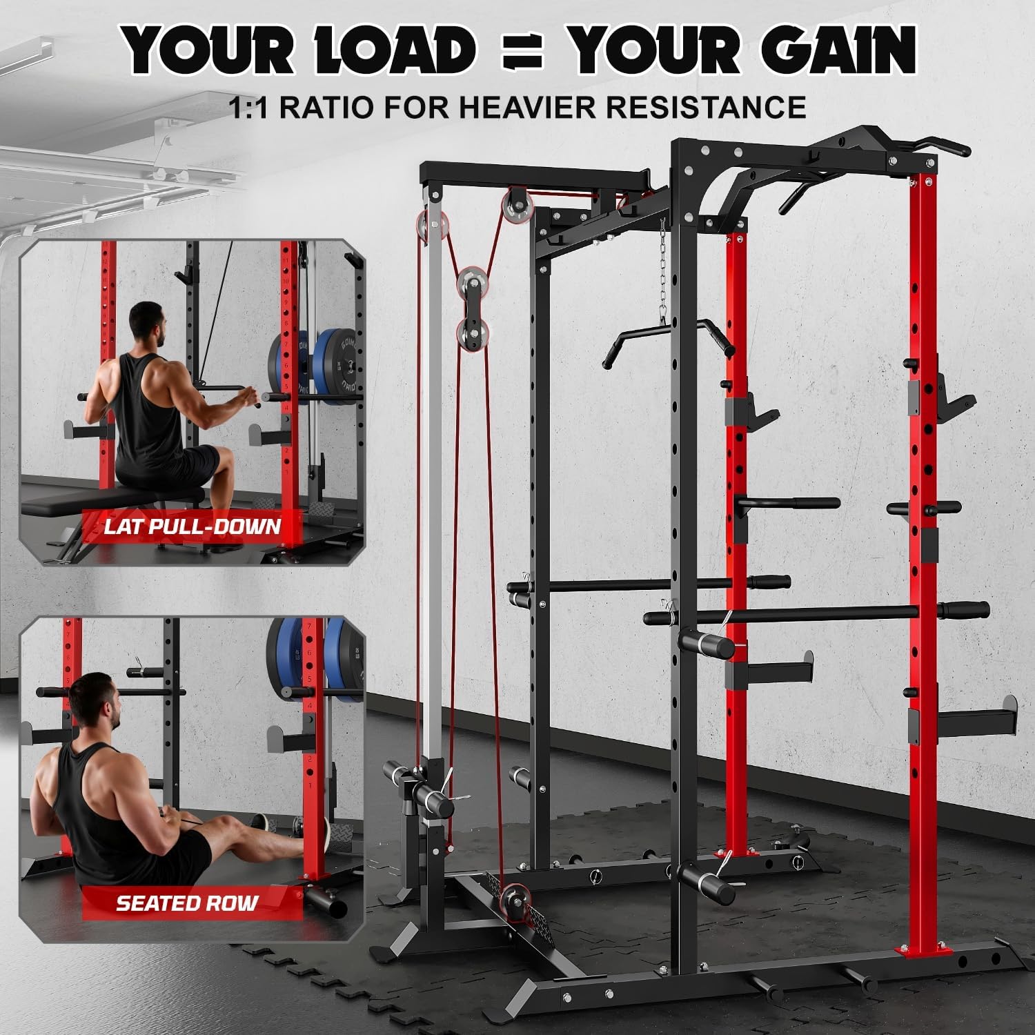 C1-V4 Power Cage, 2000LBS Squat Rack with LAT Pulldown, Multi-Function Weight Cage Strength Training Machine, Workout