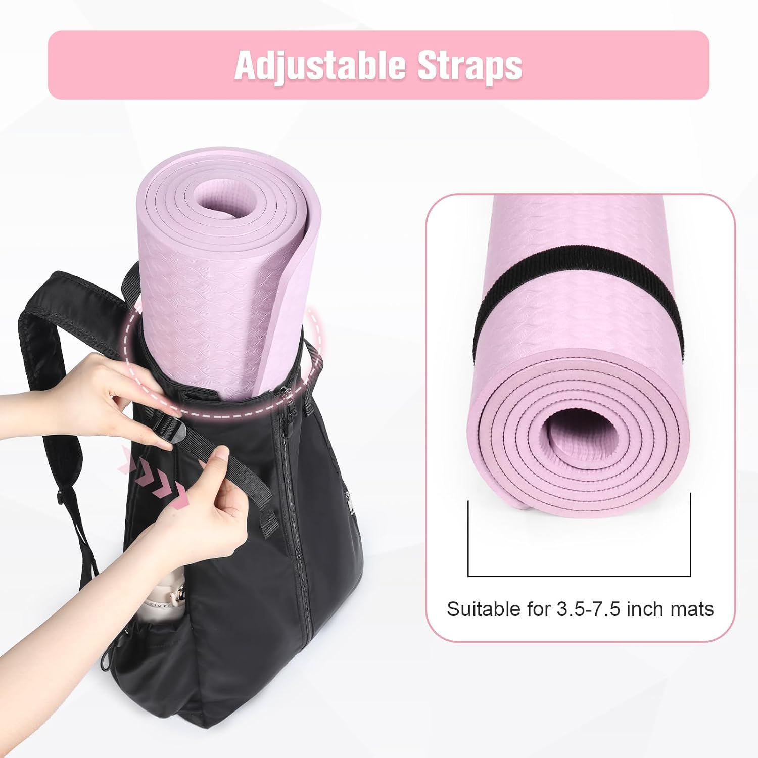 Yoga Mat Bag, Adjustable Yogamat Blocks Carrier with Backpack Straps and Side Pockets, Top-Opening Yoga Backpack for