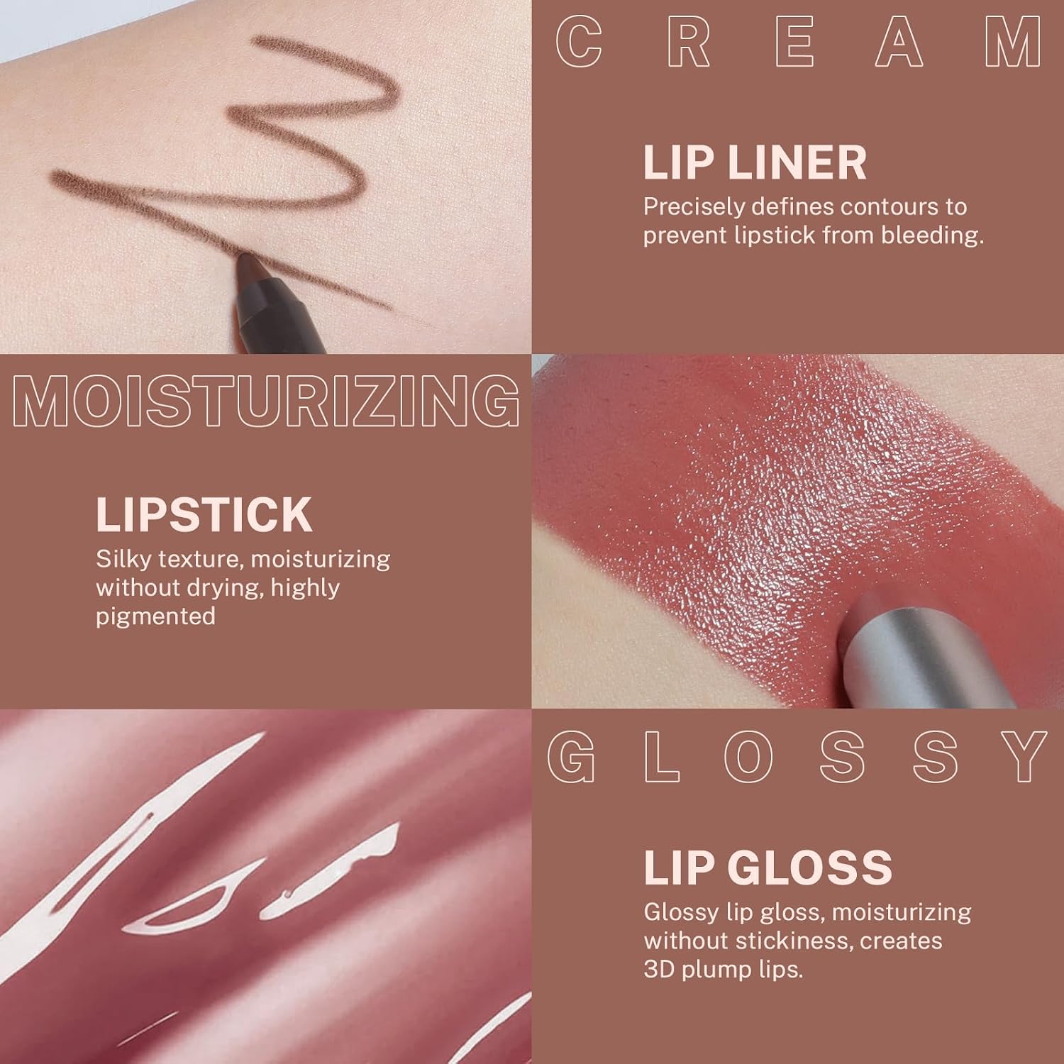 3PCS Lip Combo Set, Brown Matte Lip Liner + Hydrating Tinted Lip Balm + Plum Cherry Juicy Lip Gloss Tint, High-Shine