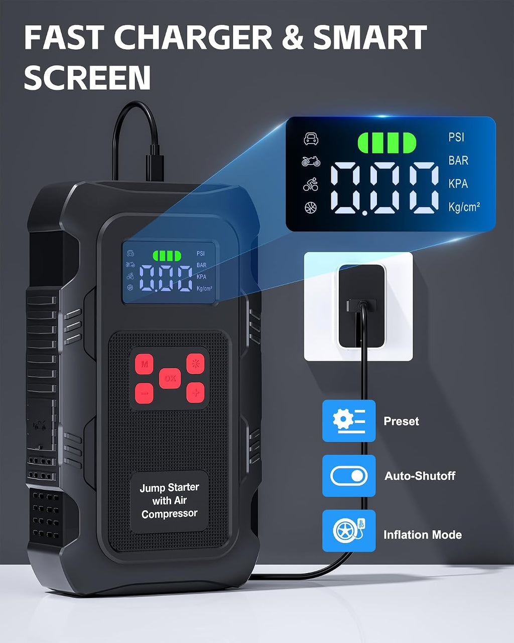 5000A Jump Starter with Air Compressor, Portable Car Battery Jump Starter with 150 PSI Tire Inflator for Up to 10.0L