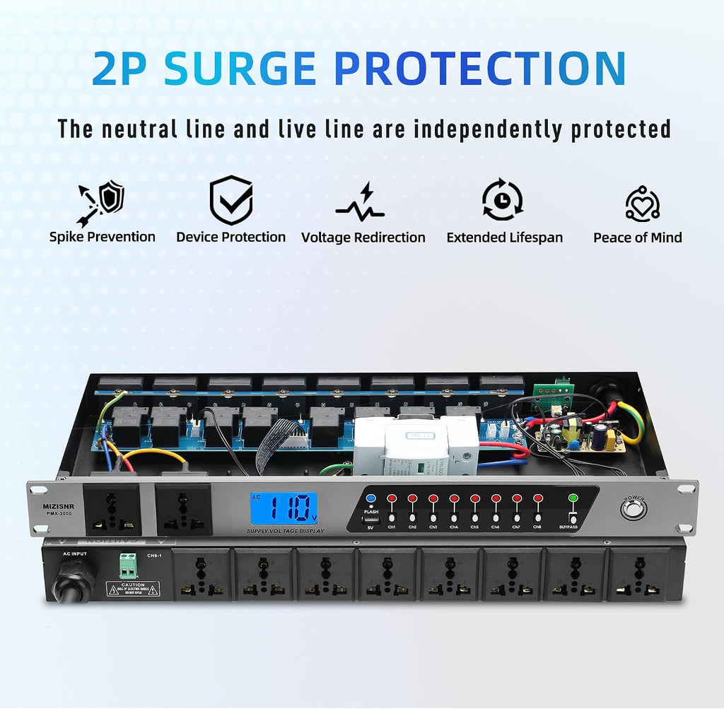 Power Conditioner, 20 Amps 10 Outlet Rack Mount Power Sequencer for Audio Equipment, 2000w Power Supply with 8