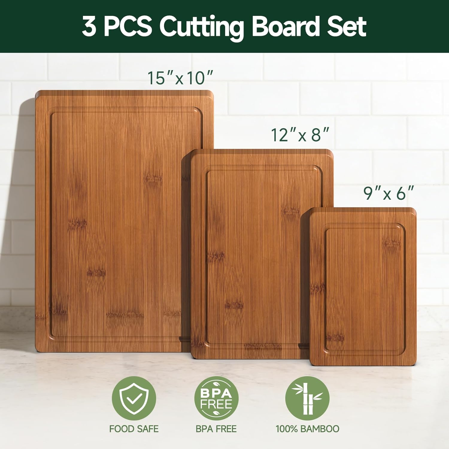 3-Piece Set Bamboo Cutting Board for Kitchen - Crack-Resistant Wood Chopping Boards with Deep Juice Grooves