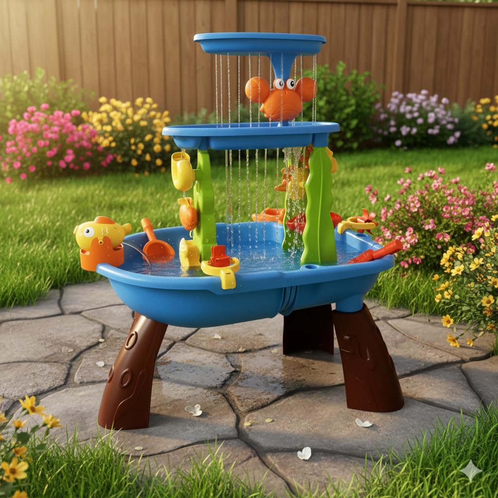 3-in-1 Sand and Water Table for Toddlers Ages 3+, Large Outdoor Sensory Play Table with Double-Layer Waterfall