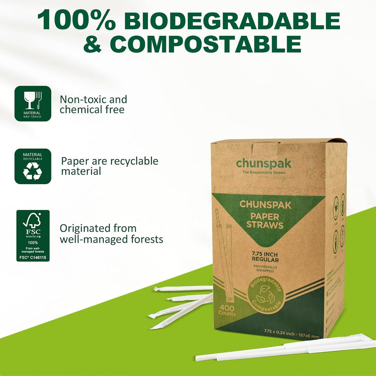 7.75 Inch Disposable Paper Drinking Straws Bulk Individually Wrapped, 0.24" Dia. (Plain White, 400 ct.)