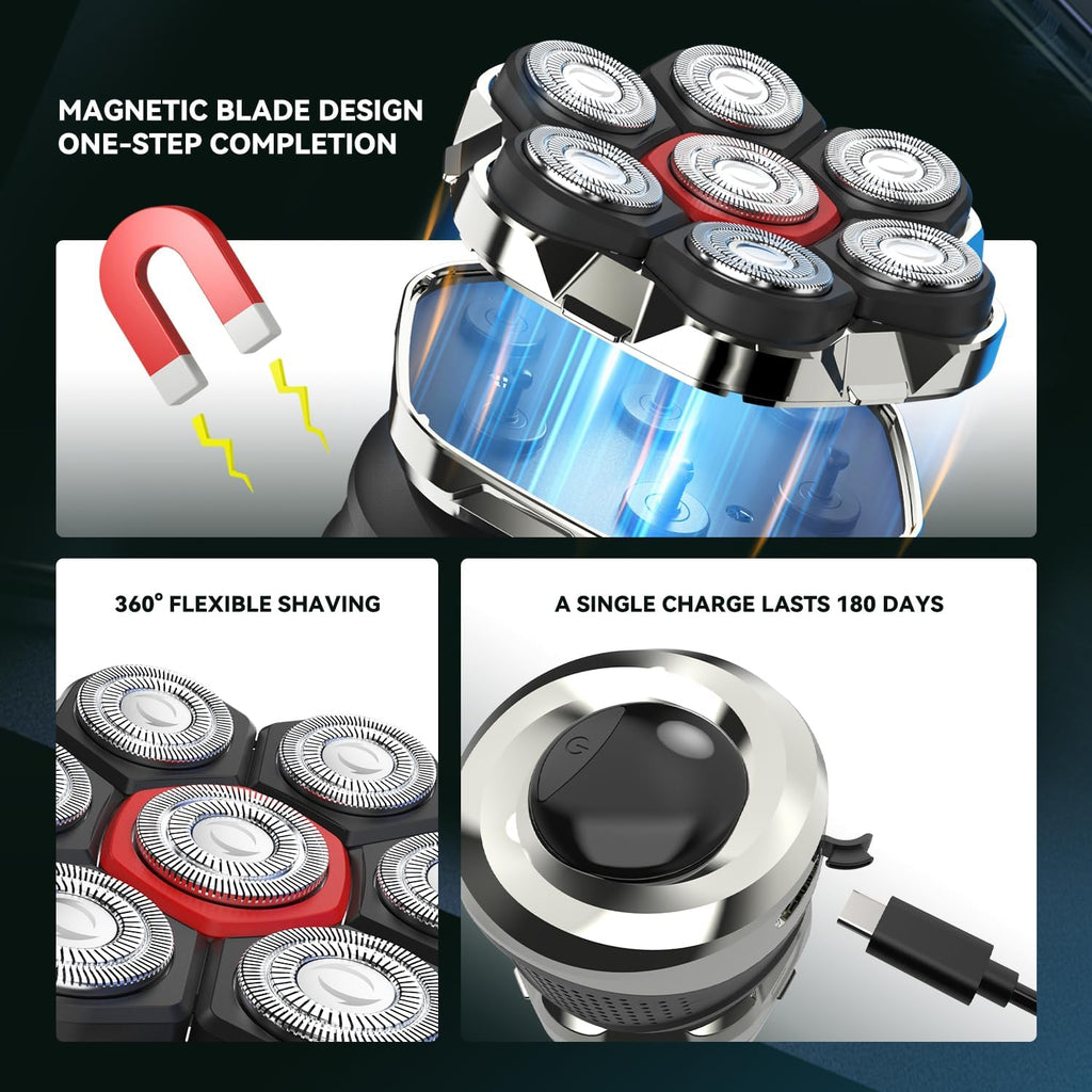 Men's Electric Rotary Shavers Bald，2026 Upgrade 7D Floating Electric Shaver with LED Display,IPX6 Waterproof,Type-C