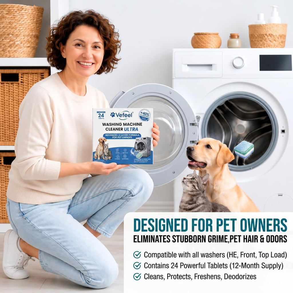ULTRA Washing Machine Cleaner Tablets for Pet Owners, 40% More Power, 24 Pack 12-Month Supply, 3-Layer Formula