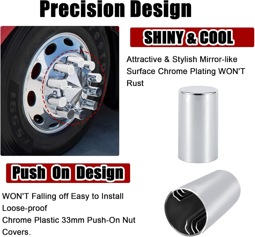 33mm x 3 1/2" Lug Nut Cover ABS Chrome Plastic Cylinder Nut Cover, Push-On fit Hub Piloted Wheels, Complete Axle