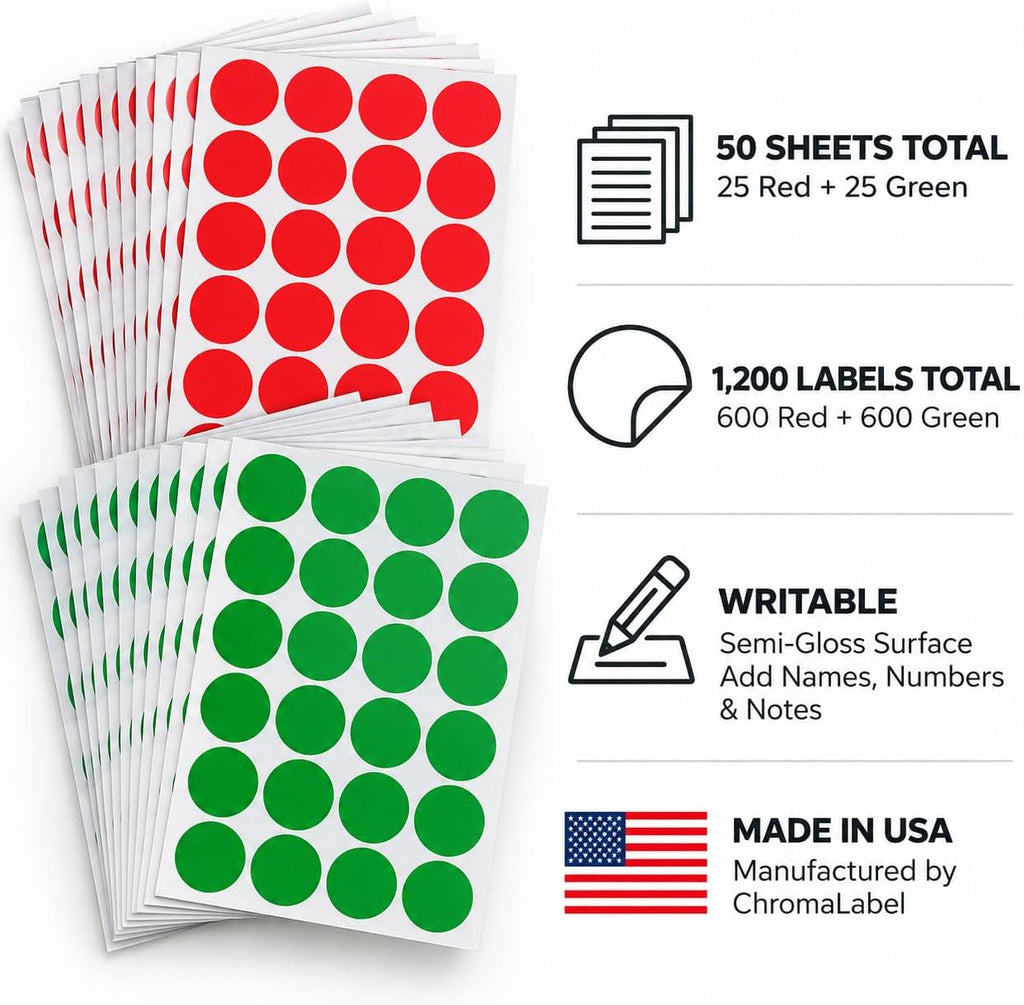 3/4" Round Red & Green Dot Stickers, 1,200 Color Coding Labels