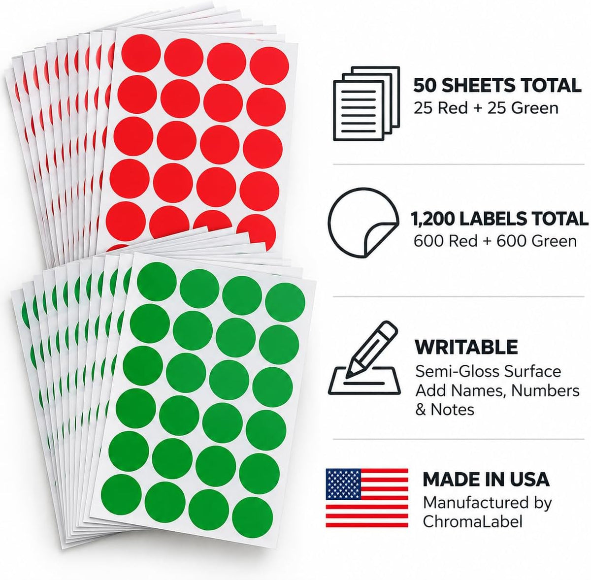 3/4" Round Red & Green Dot Stickers, 1,200 Color Coding Labels