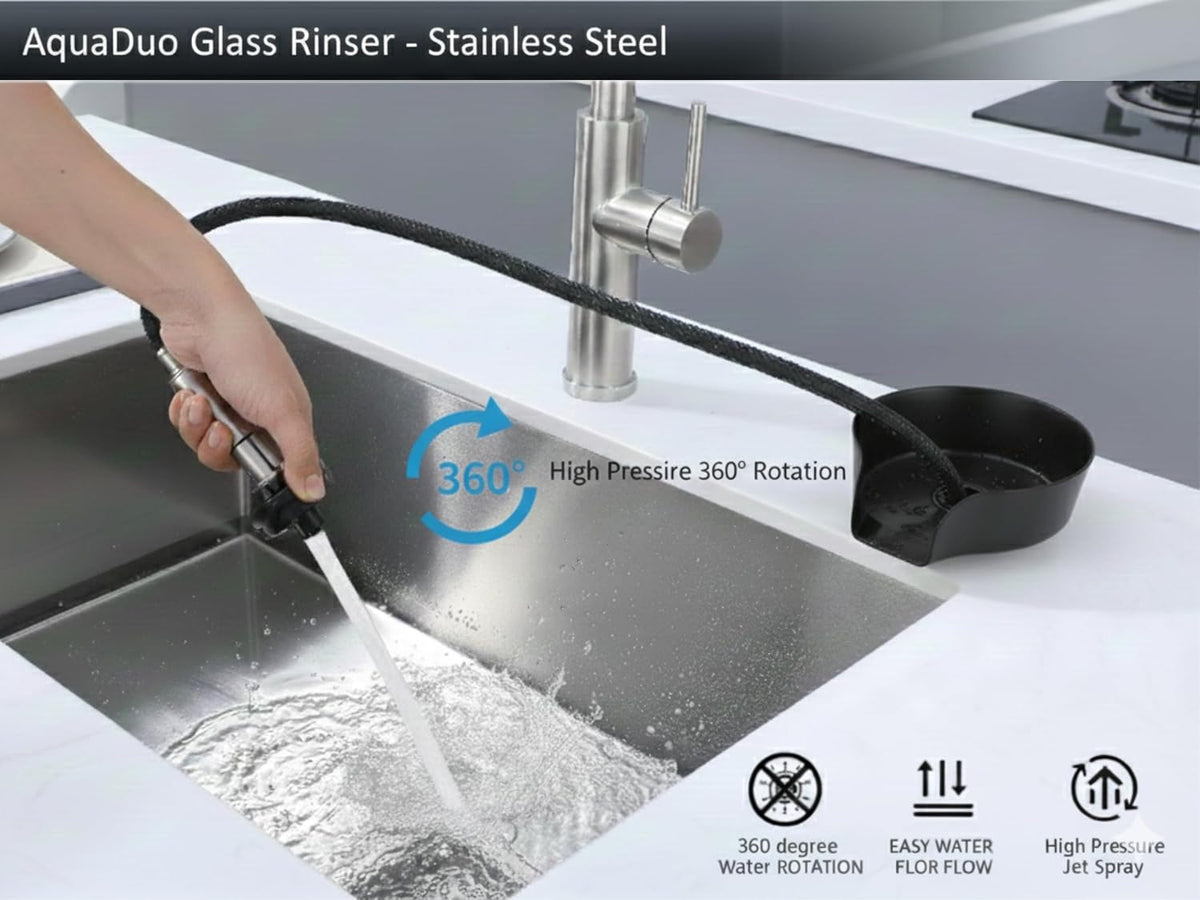AquaDuo Glass Rinser and Kitchen Sink Sprayer Combo, Stainless Steel Cup Washer, Cup Cleaner, Bottle Washer, Glass
