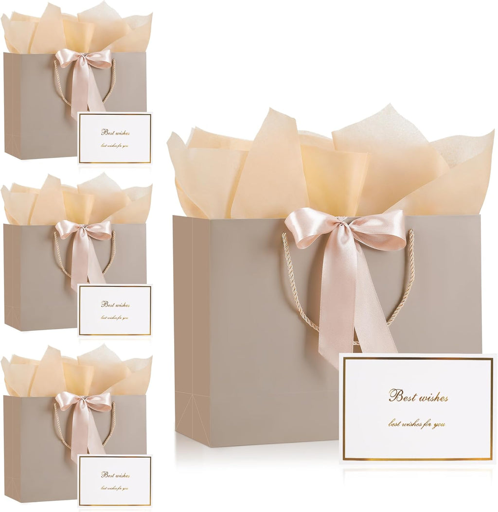 12.6" Medium Size Gift Bags, 4 PCS Gift Bags with 8 Tissue Paper 4 Greeting Cards, Elegant Bag with Handles for