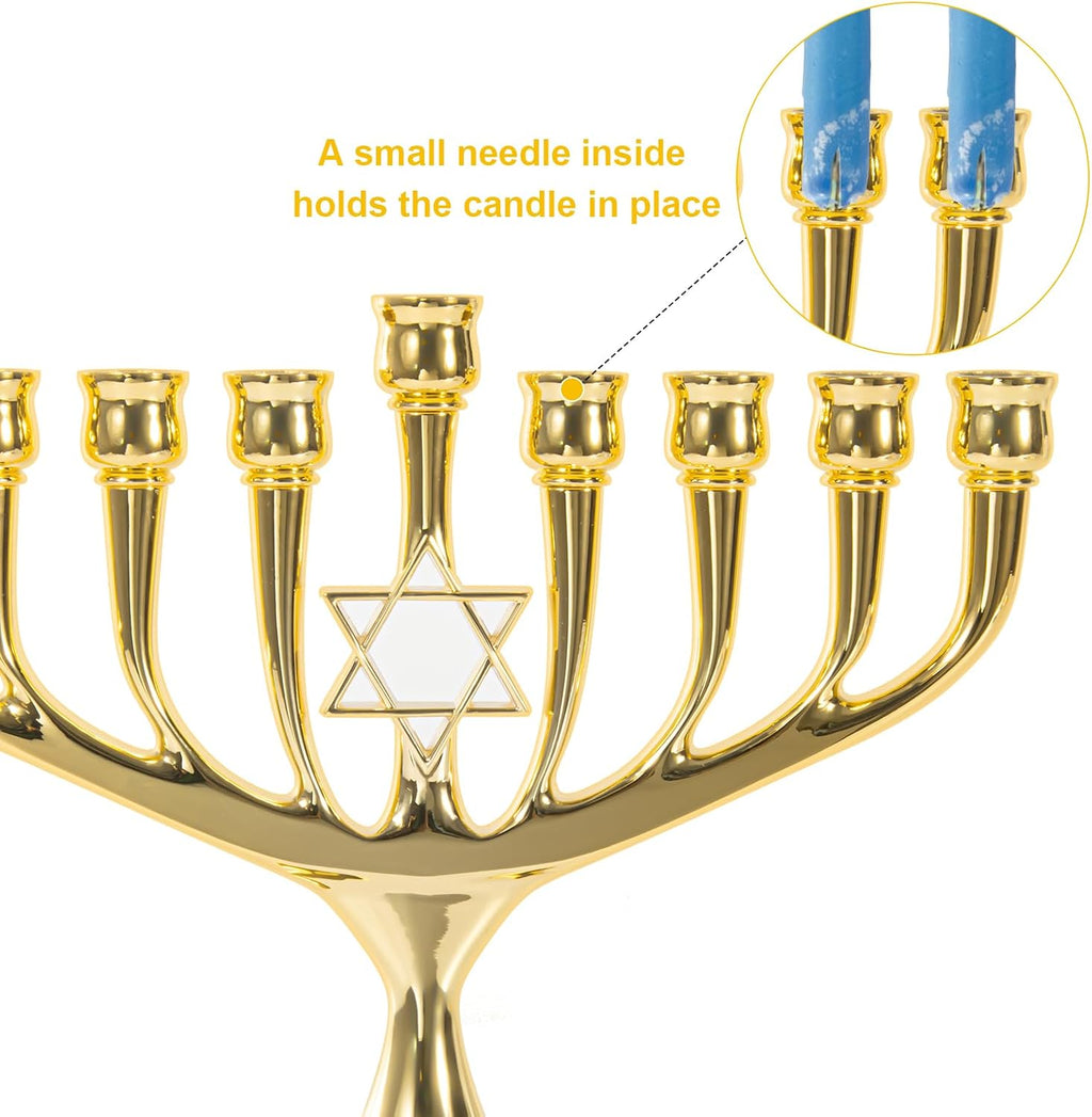 Hanukkah Menorah Upgrade Cups with Built-in Pins, Star of David Candle Holders 9 Branches Gold Plated Candlesticks