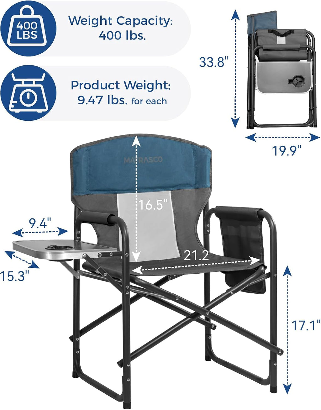 Oversized Director Camping Chair 2-Pack with Side Table, Blue | Heavy-Duty Steel Frame, Practical Side Table &