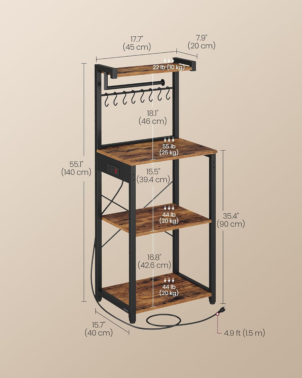 4-Tier Kitchen Bakers Rack with Power Outlet, 17.7-Inch Wide