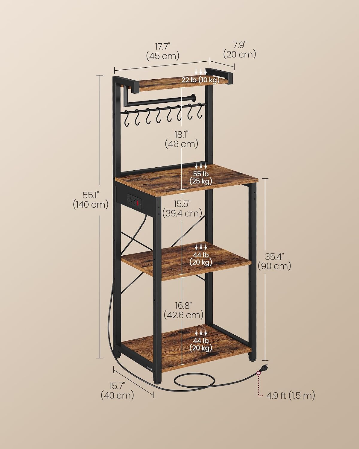 4-Tier Kitchen Bakers Rack with Power Outlet, 17.7-Inch Wide