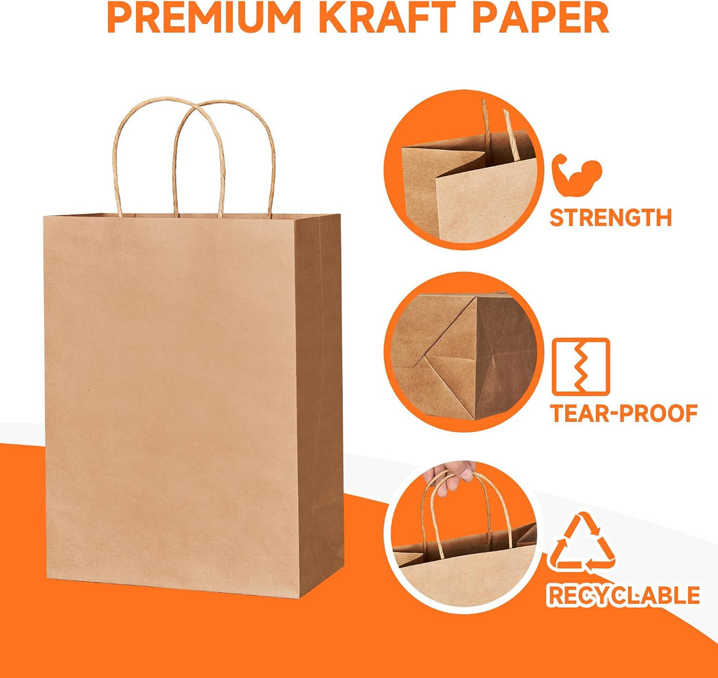 100Pcs Brown Paper Bags with Handles, 8x4.5x10.8 Inch, Medium