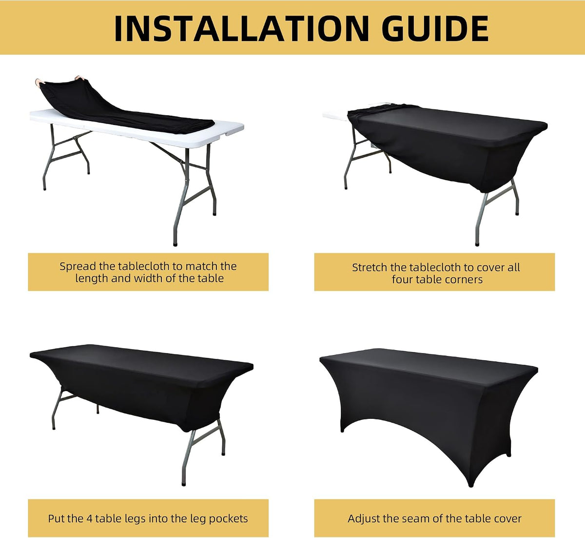 2-Pack 6ft Black Spandex Table Covers for Rectangle Standard Folding Tables - Wrinkle Resistant Stretch Tablecloths