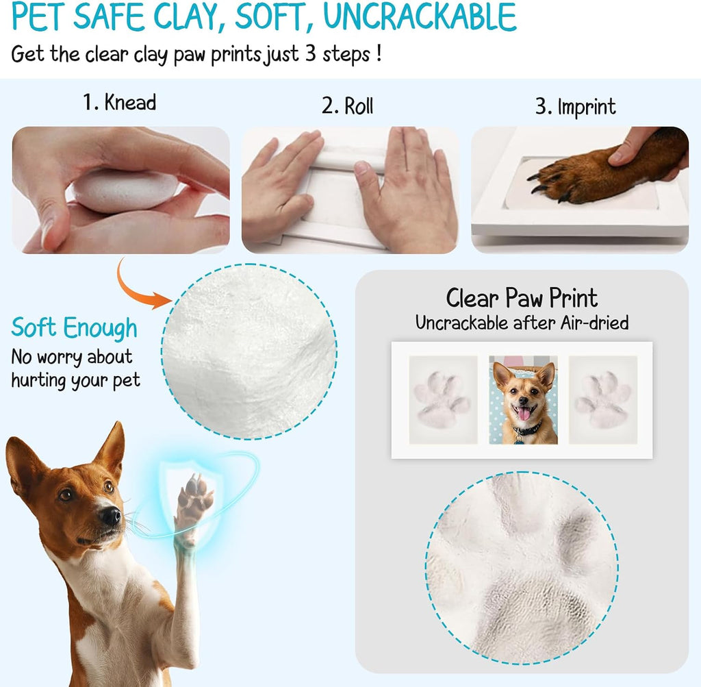 Paw Print Frame Kit, Dog Paw Print Kit with Clay & No Mess Ink Pad, with Customization Tool, Wooden Pet Memorial