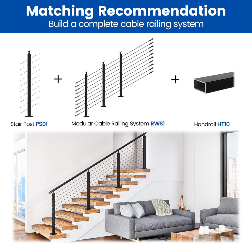 36" Black Cable Railing Post Surface Mount Angle Drilled PS01 BA4S