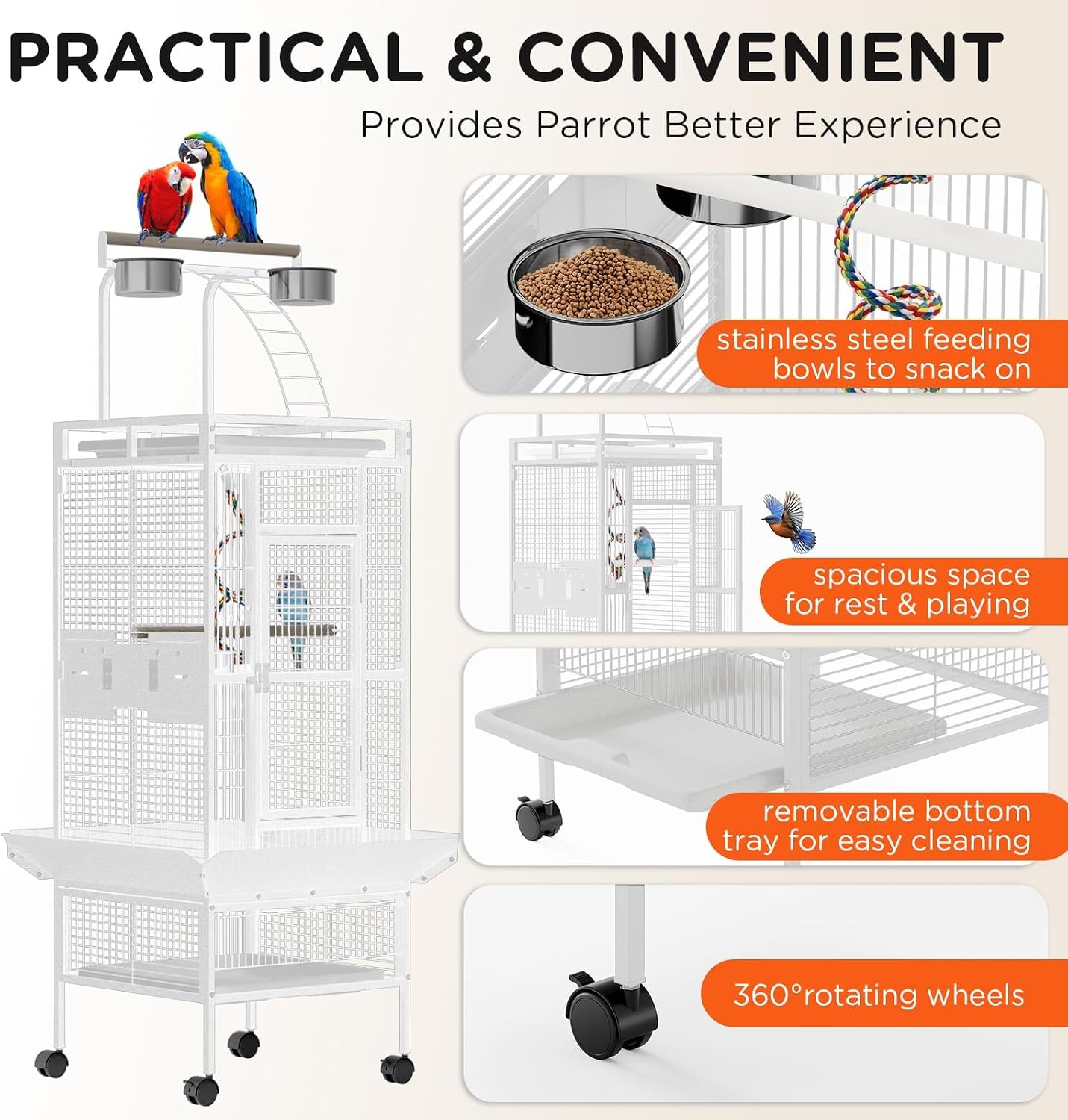 60 Inch Wrought Iron Bird Cage - Spacious Parrot Cage with Rolling Stand, Play Top & 4 Stainless Steel Bowls - for