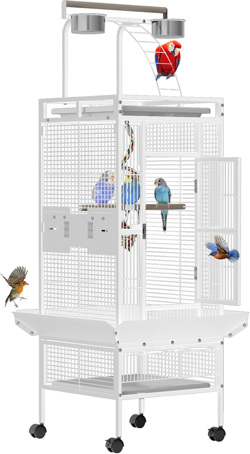 60 Inch White Parrot Cage with Play Top & 4 Feeder Bowls | Wrought Iron Large Bird Cage with Rolling Stand for