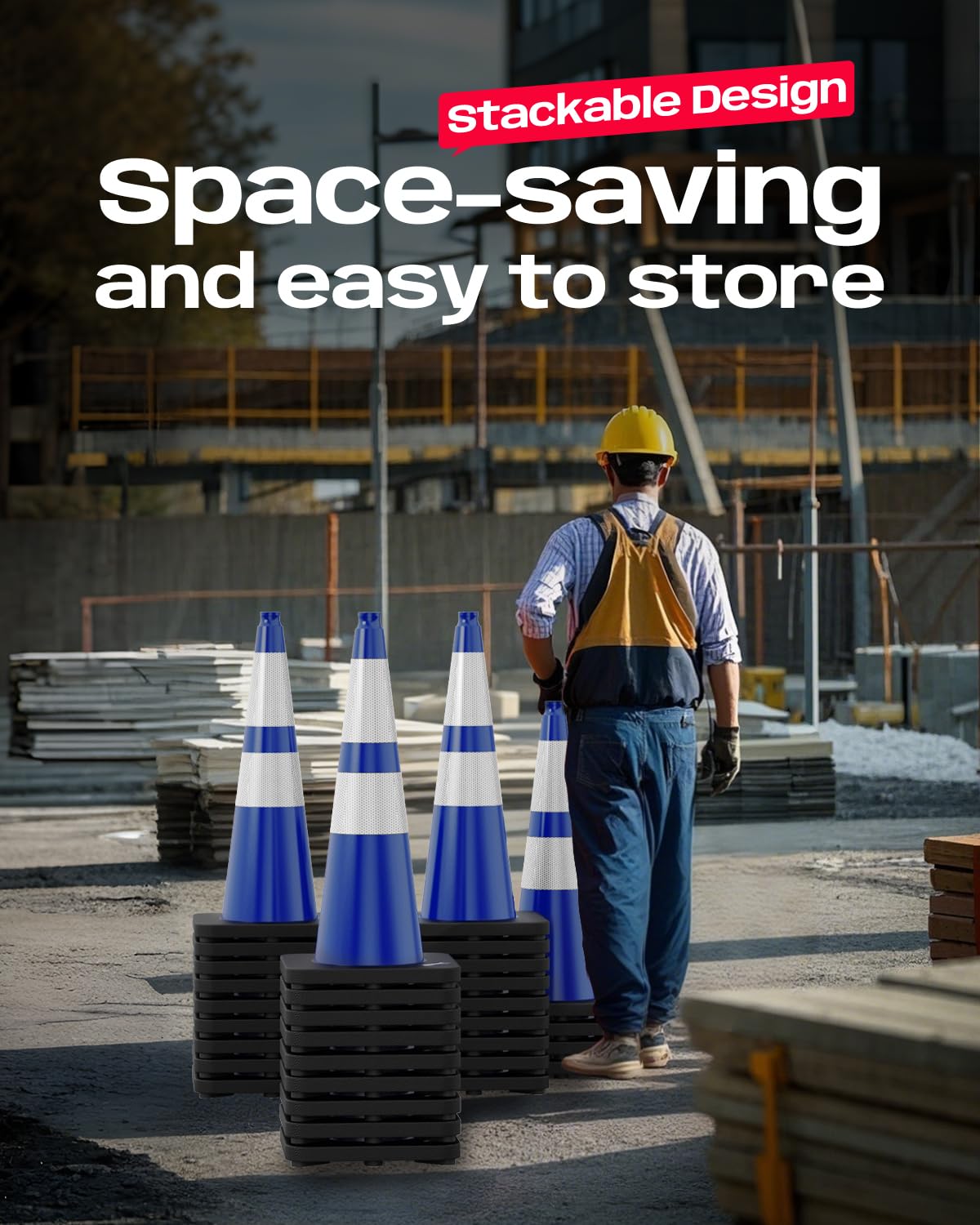 28 inch Traffic Safety Cones Blue with Weighted Base 6 Pack | Heavy duty design, reflective collars, flexible PVC