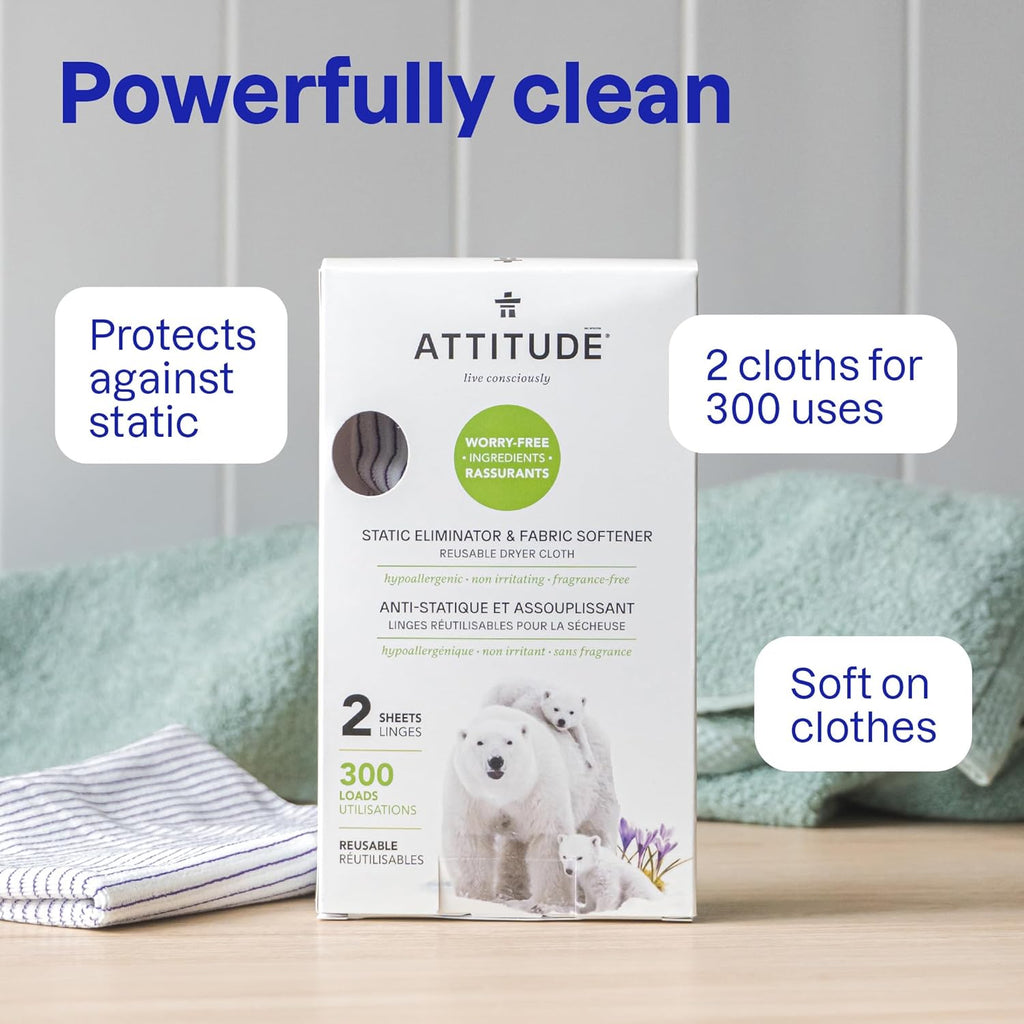ATTITUDE Reusable Dryer Sheets, Static Eliminator & Fabric Softener, Fragrance-Free Laundry, Made in Canada, 300